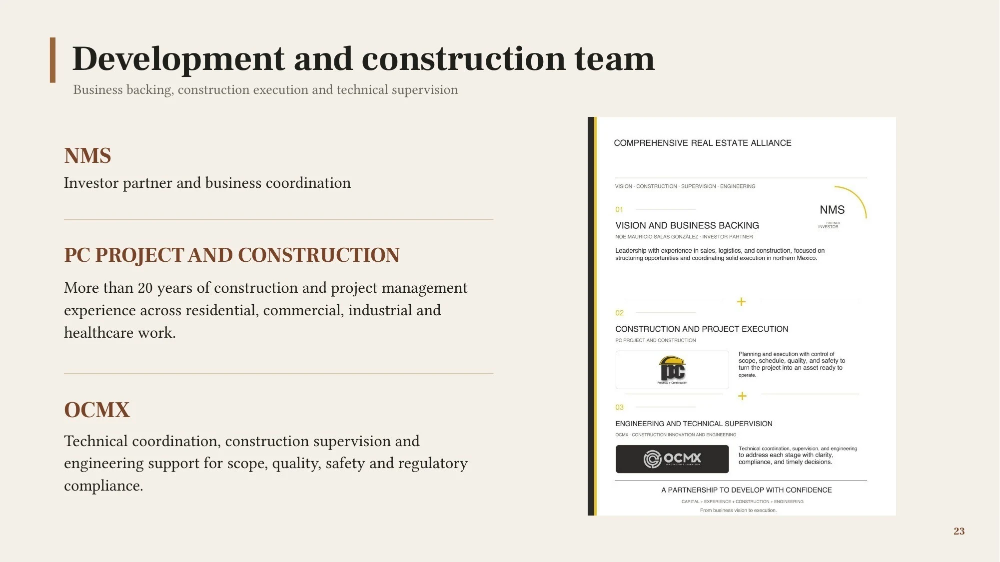 Development and construction team — presentation page 23
