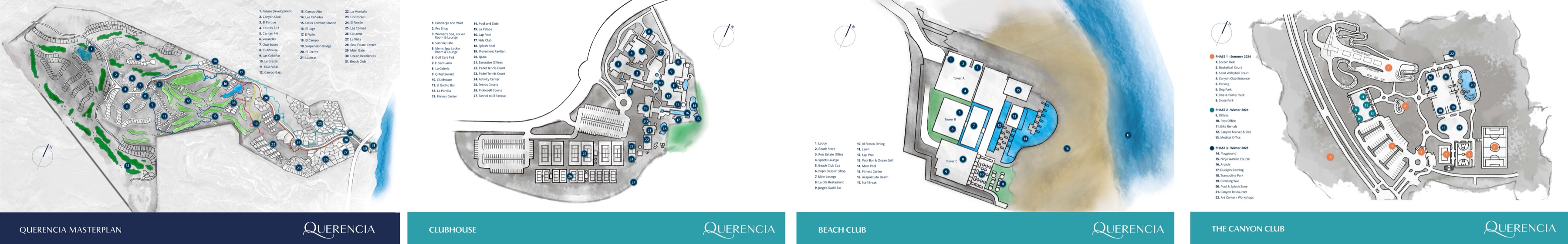 Official Querencia masterplan showing neighborhoods, golf areas and community amenities in Los Cabos