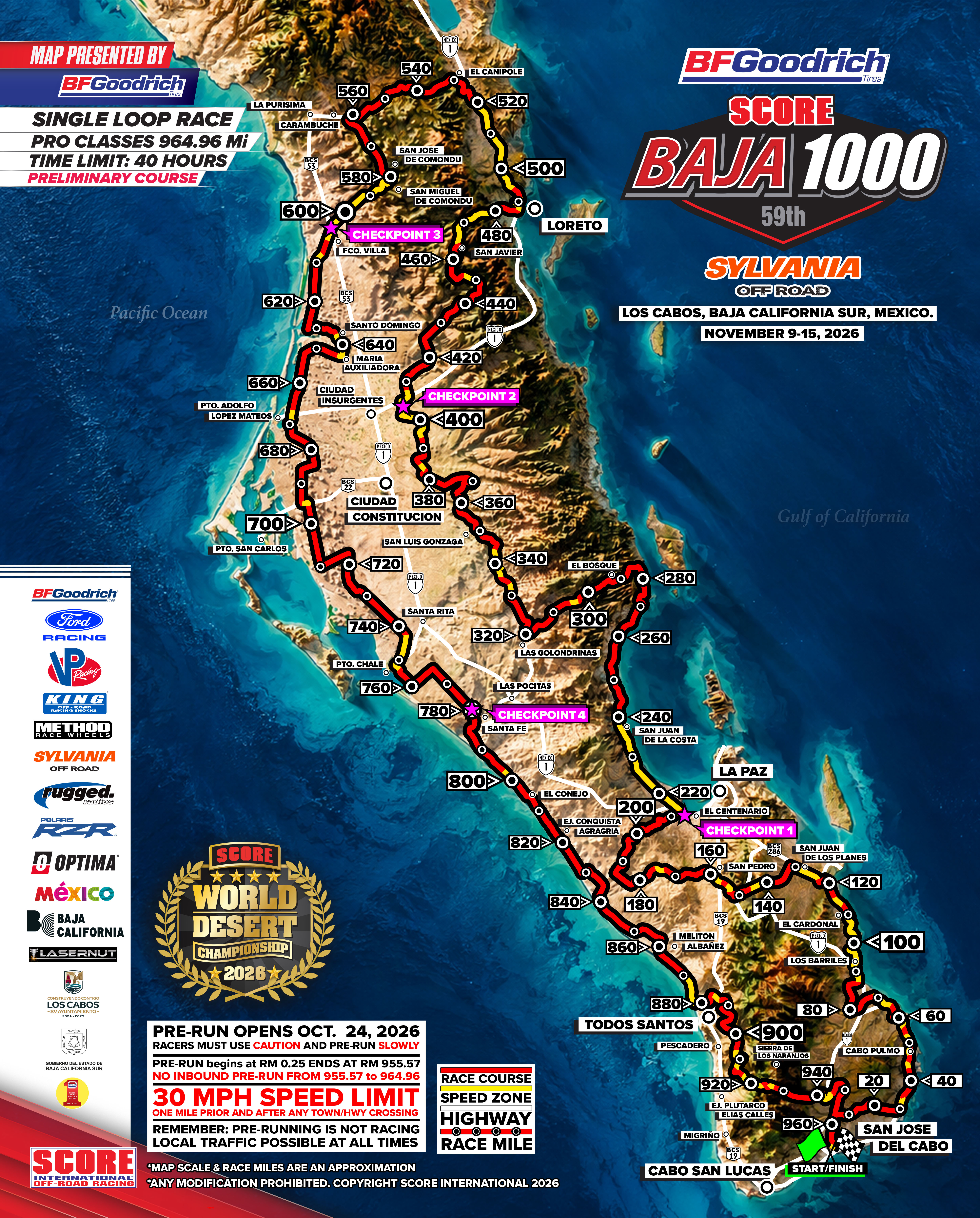 Official preliminary SCORE Baja 1000 2026 loop map starting and finishing in San José del Cabo