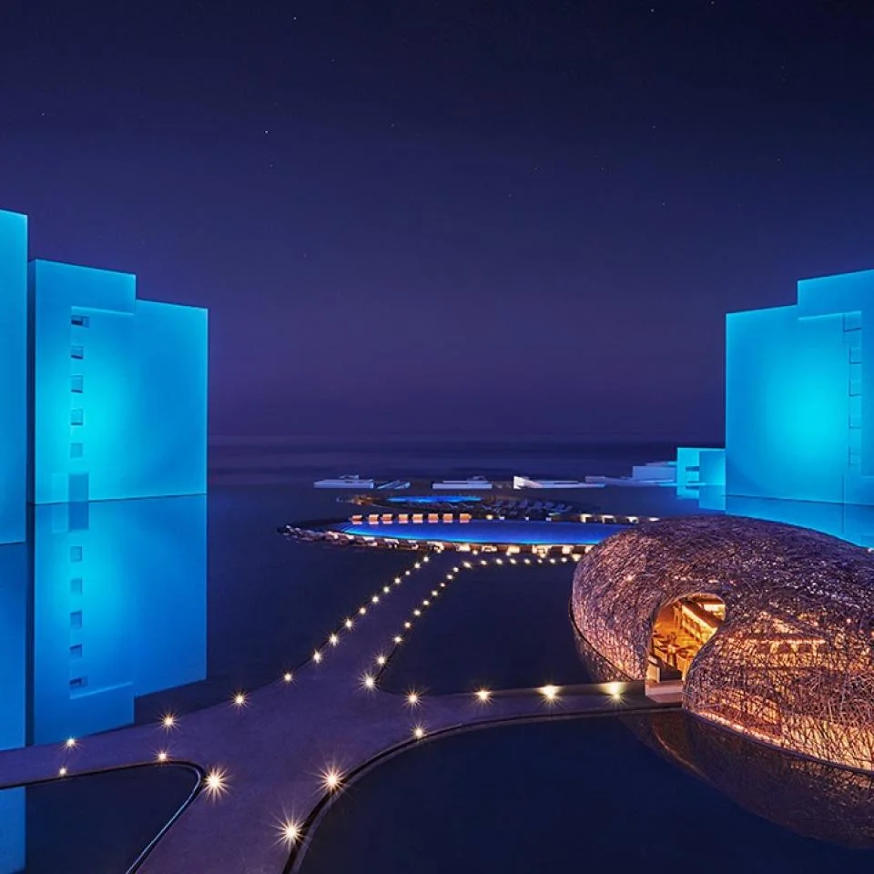Viceroy Los Cabos architecture and reflecting pools at night