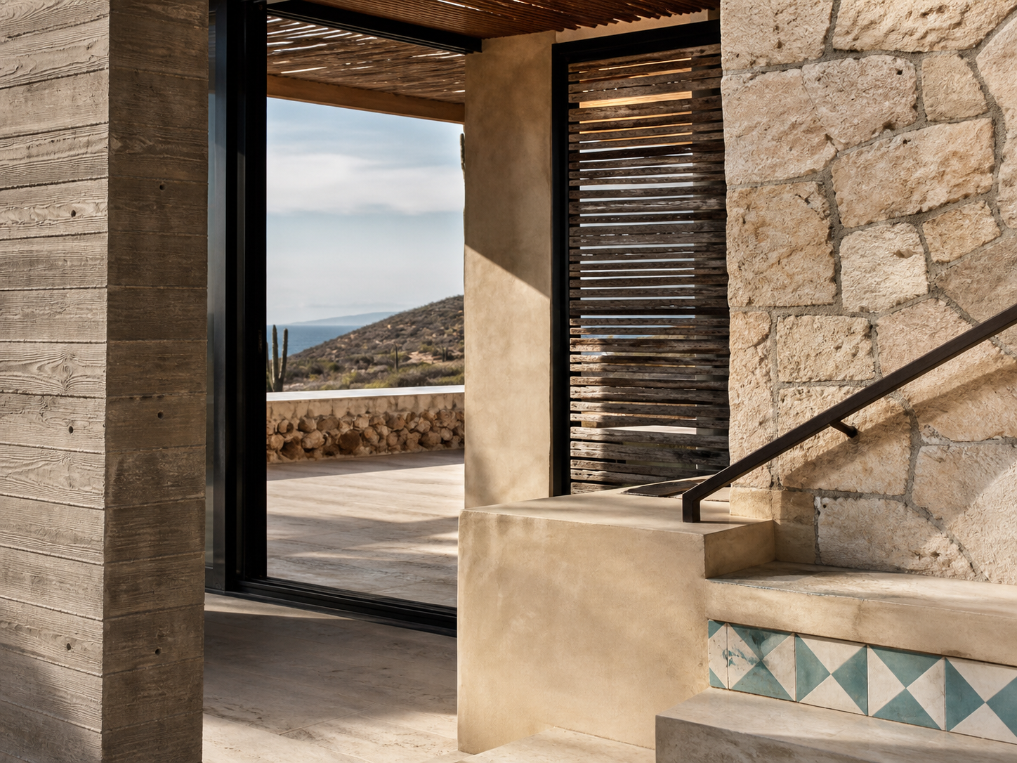 Conceptual Baja home detail combining stone, concrete, wood, coated metal and protected glazing