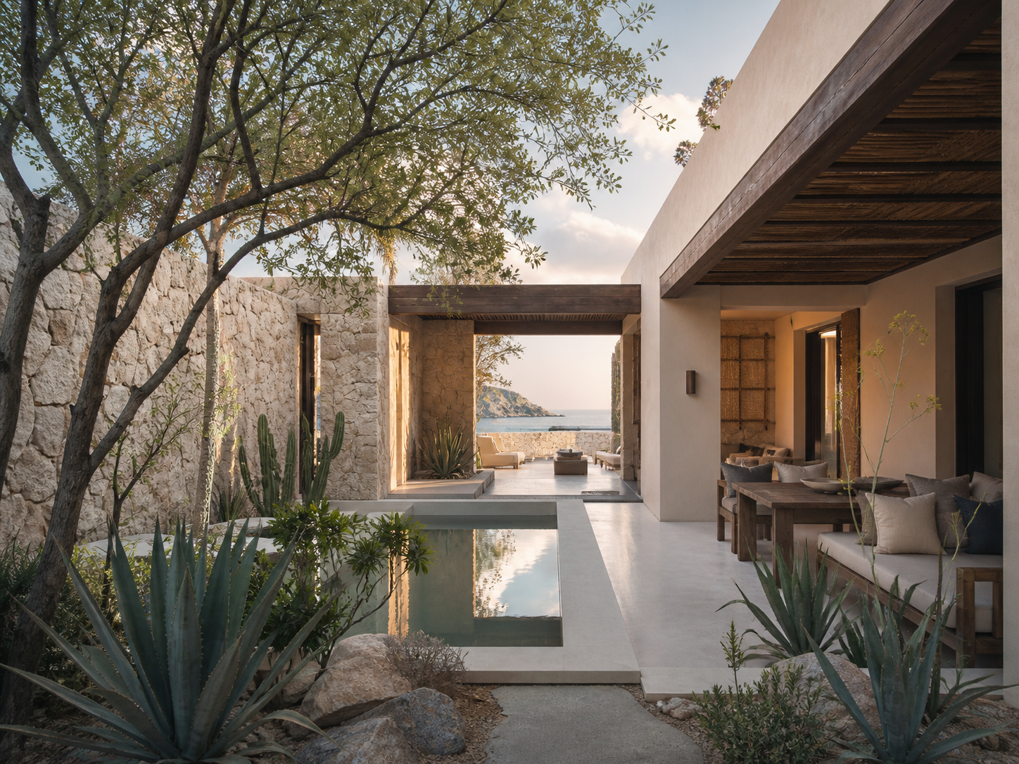 Conceptual protected Baja courtyard with regional stone, shade and native landscaping