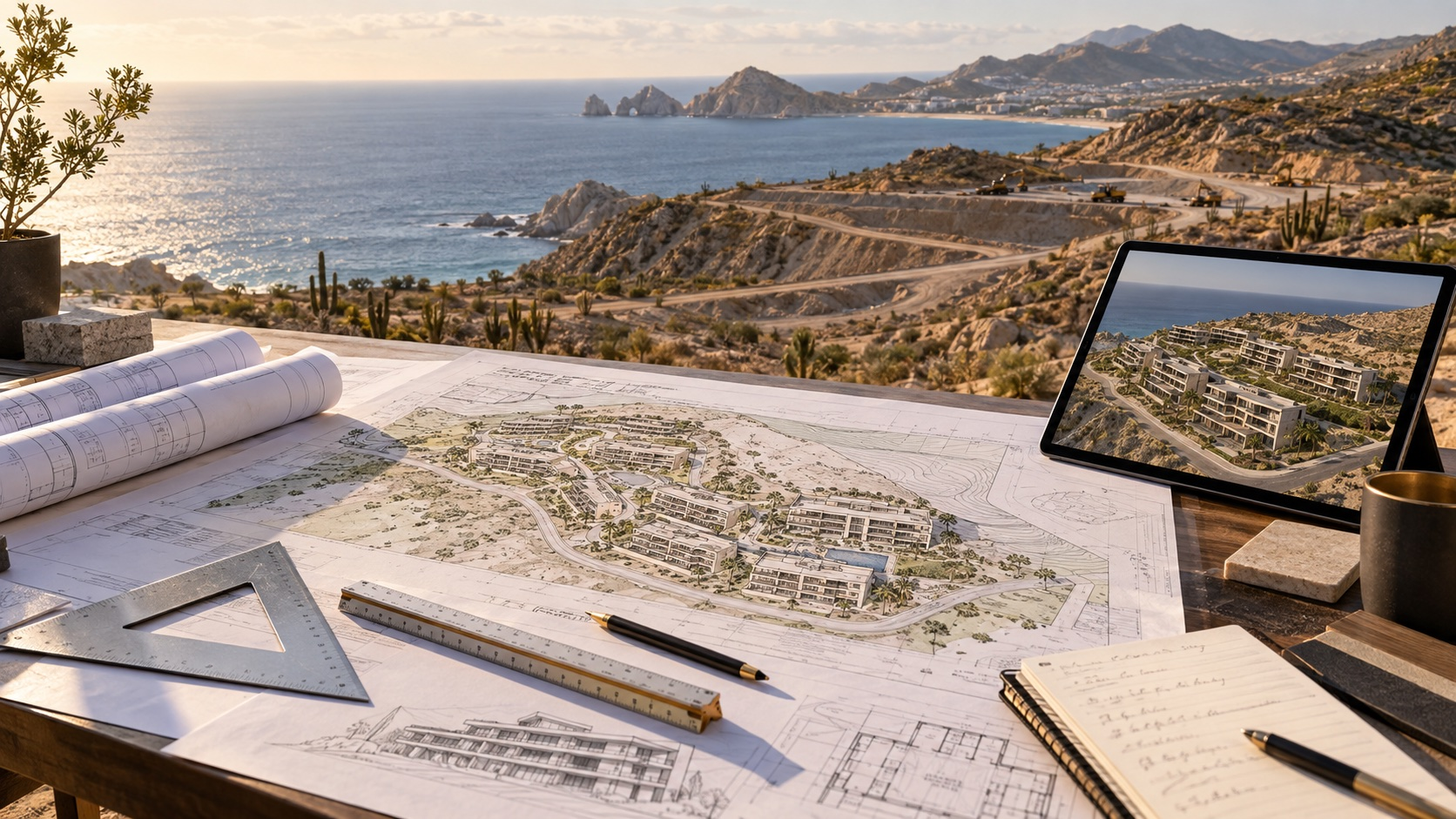 Architectural plans and luxury condominium concept for developer land investment in Los Cabos