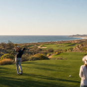 Professional golf overlooking the Pacific in the desert landscape of Los Cabos
