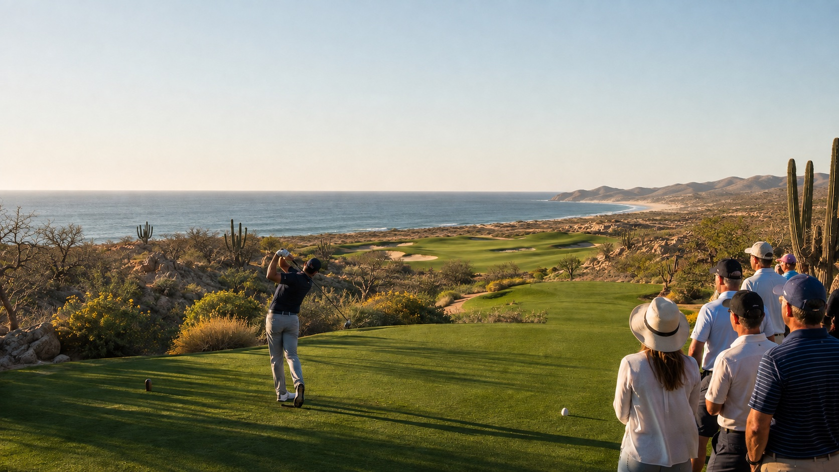 Professional golf overlooking the Pacific in the desert landscape of Los Cabos